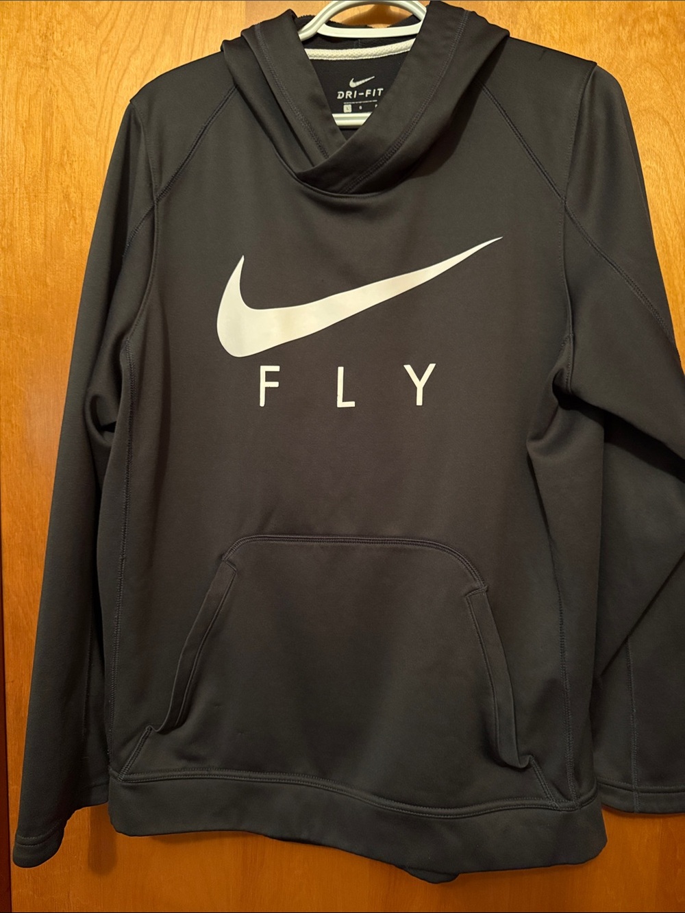 Nike Black Dry Fit Hoodie with White Swoosh and FLY Text Men’s Large